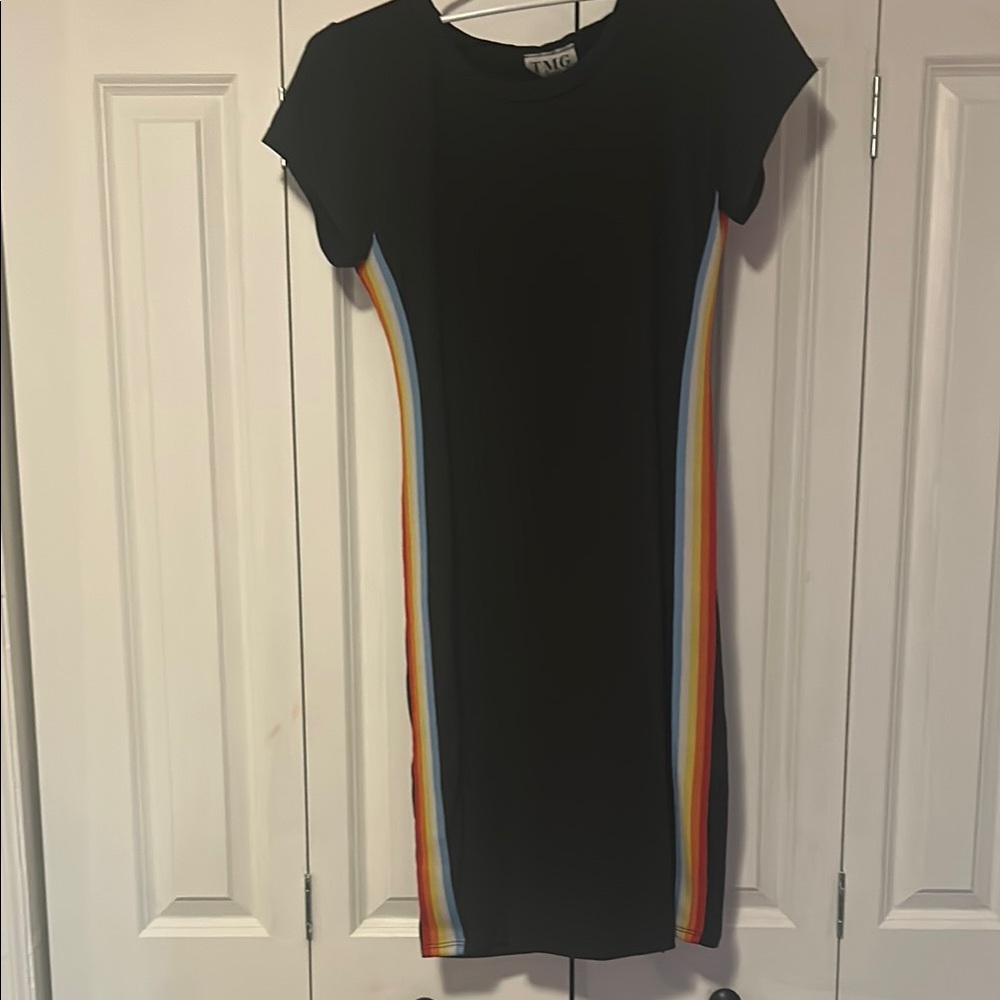 Elegant Black Dress with Colorful Side Stripes